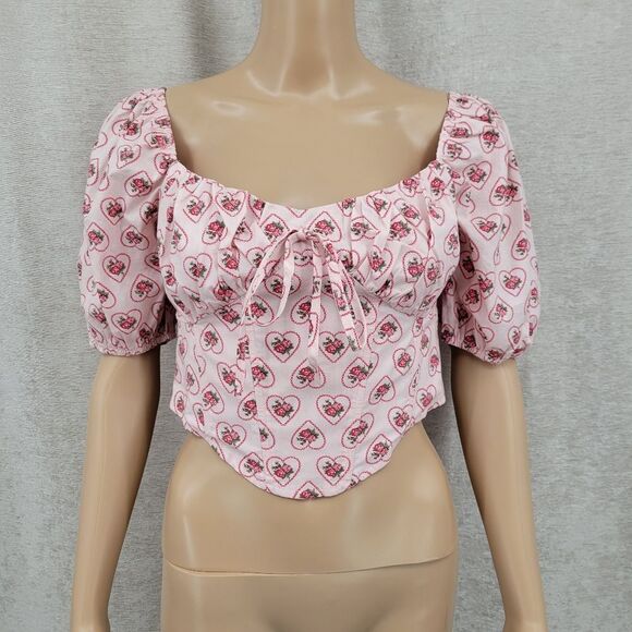 Pretty Garbage Pink Rose Heart Print Corset Crop Top Puffed Sleeves NEW - Picture 2 of 13